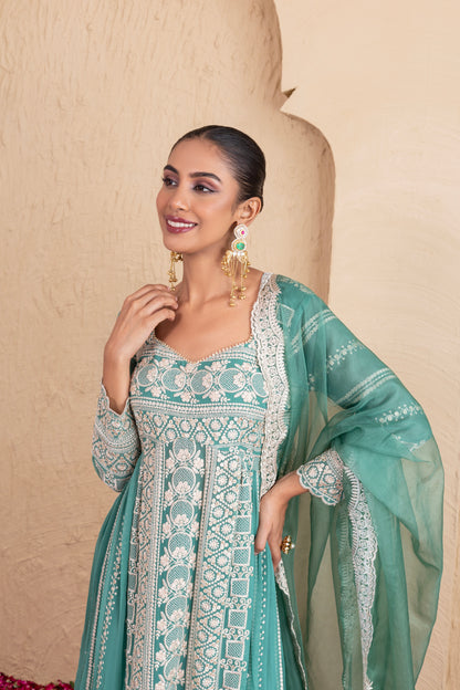 Basil Green Gold Sequence Embroidered Flared Suit Set