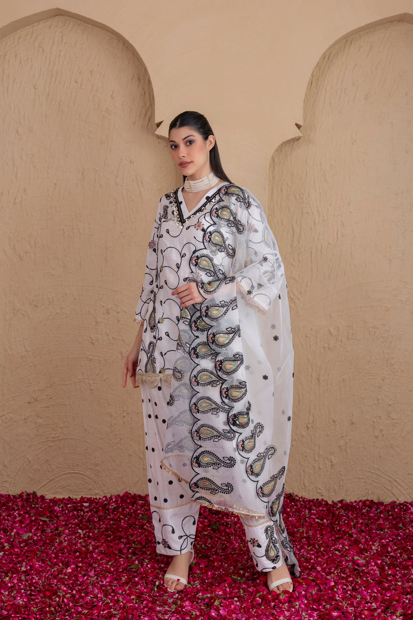 WHITE AND BLACK POLKA DOT SALWAR SET