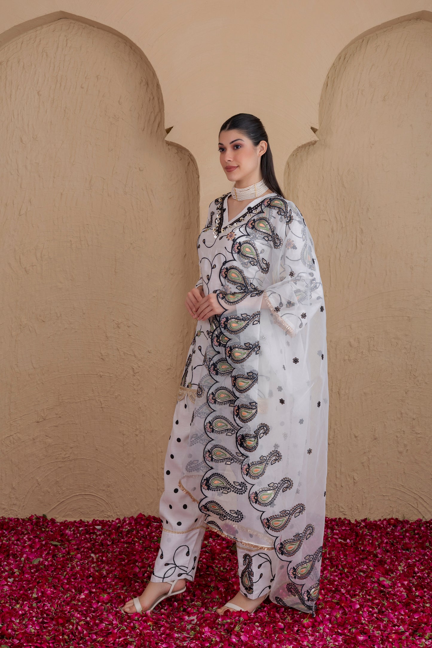 WHITE AND BLACK POLKA DOT SALWAR SET