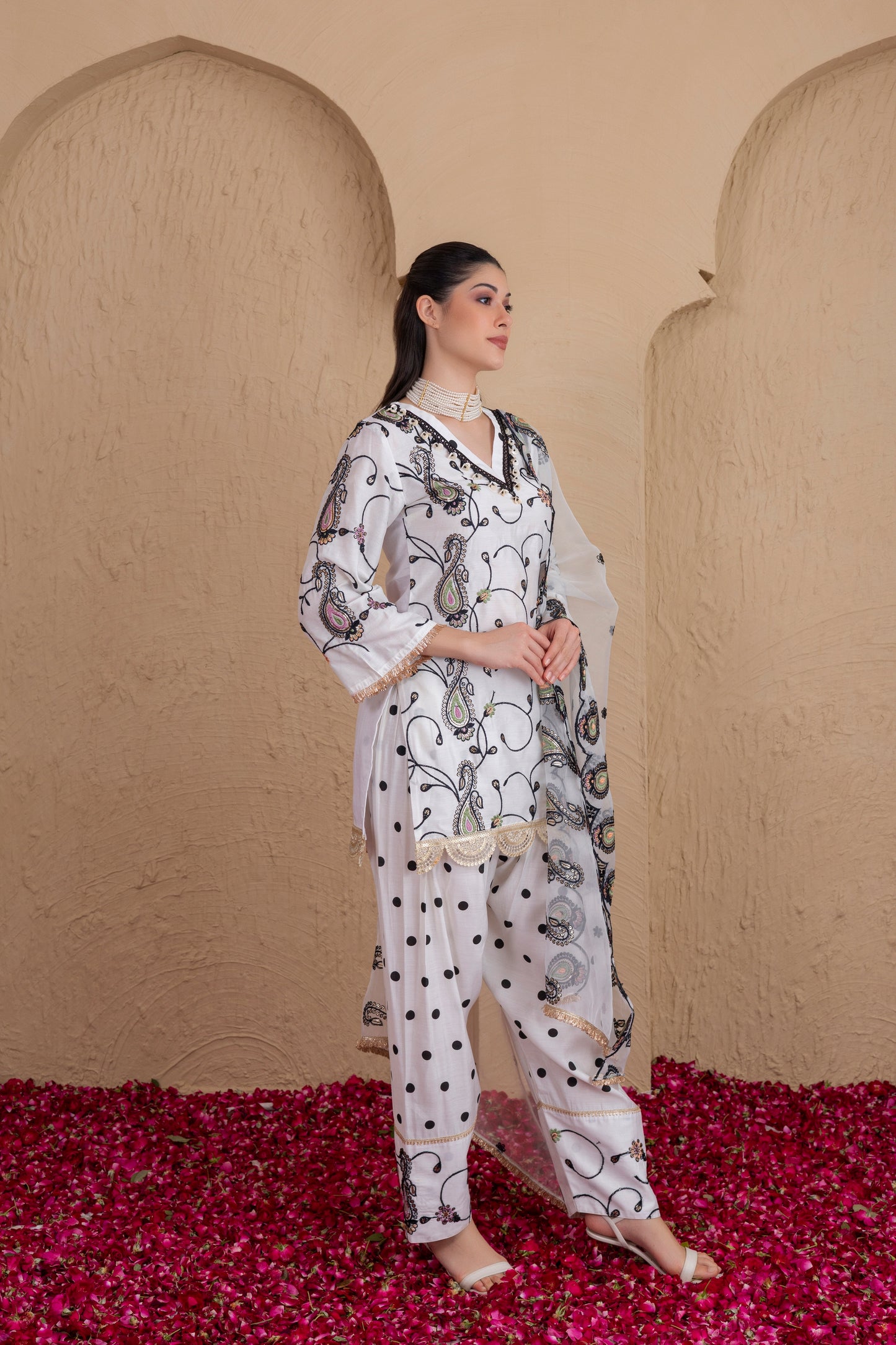 WHITE AND BLACK POLKA DOT SALWAR SET