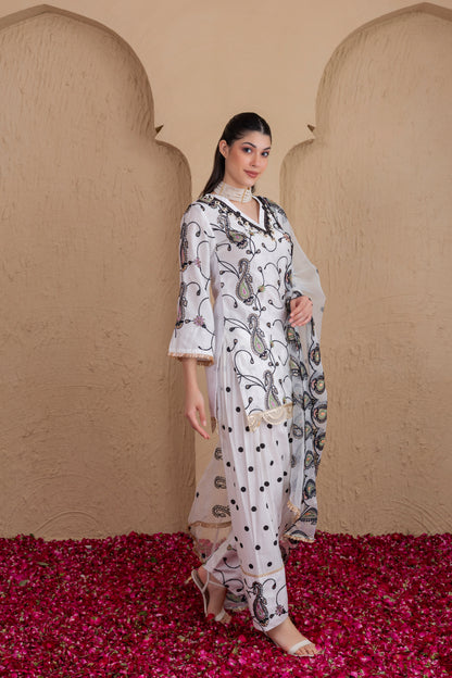 WHITE AND BLACK POLKA DOT SALWAR SET
