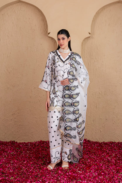 WHITE AND BLACK POLKA DOT SALWAR SET
