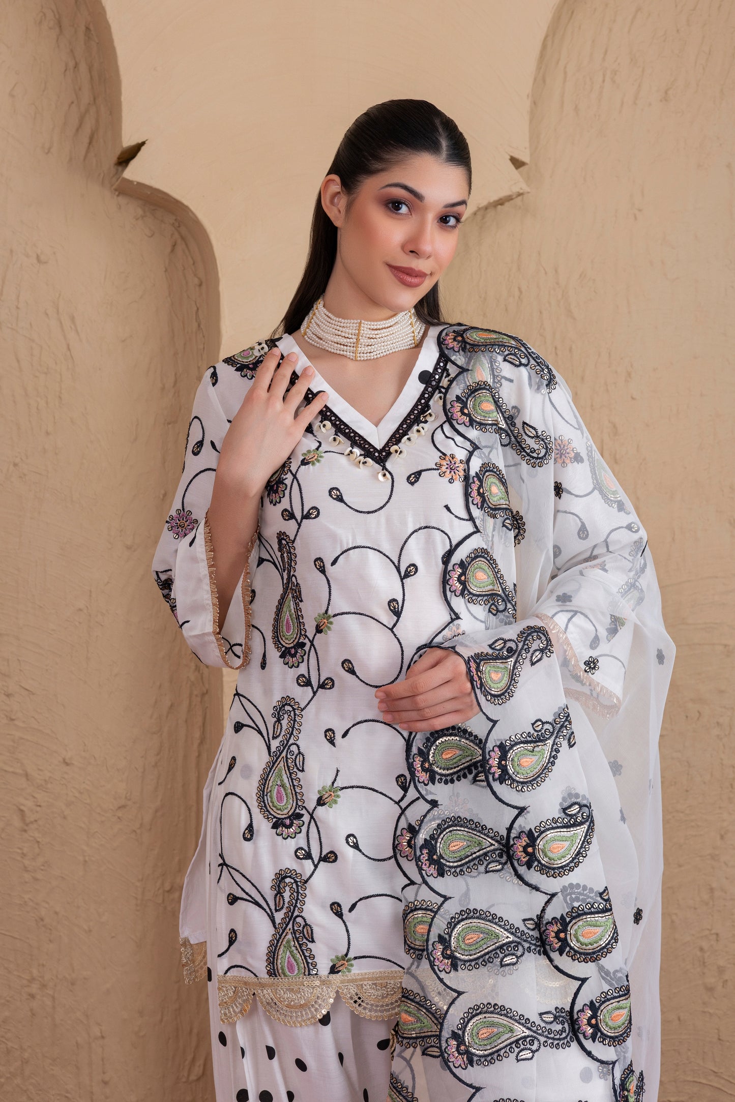 WHITE AND BLACK POLKA DOT SALWAR SET