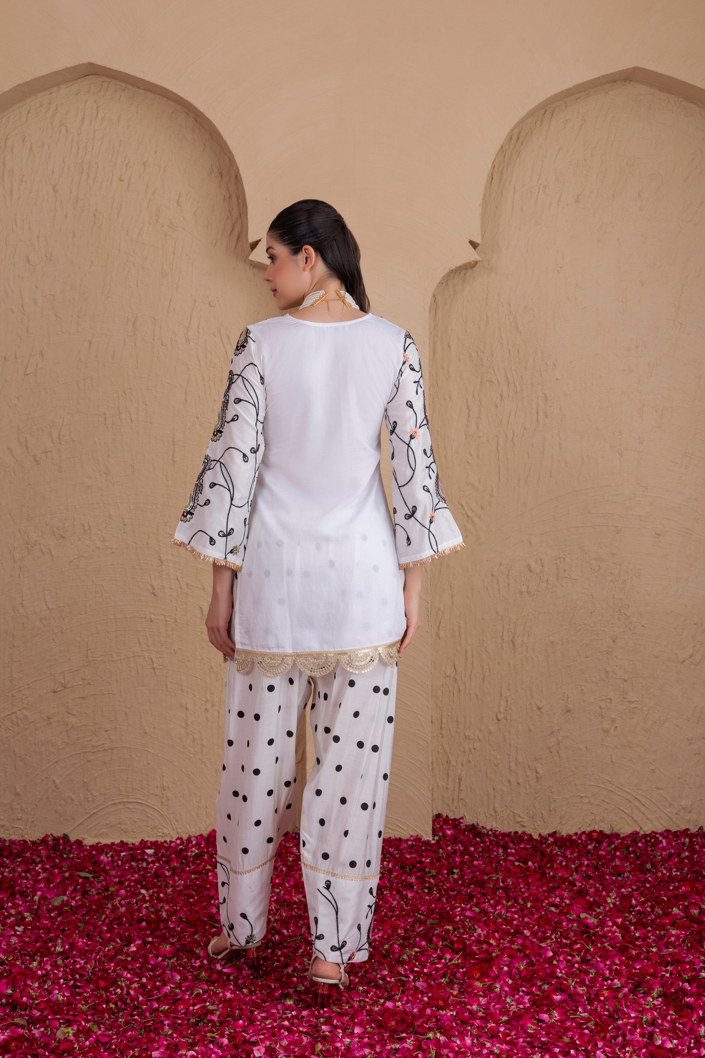 WHITE AND BLACK POLKA DOT SALWAR SET