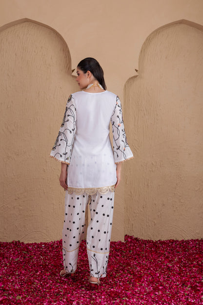 WHITE AND BLACK POLKA DOT SALWAR SET