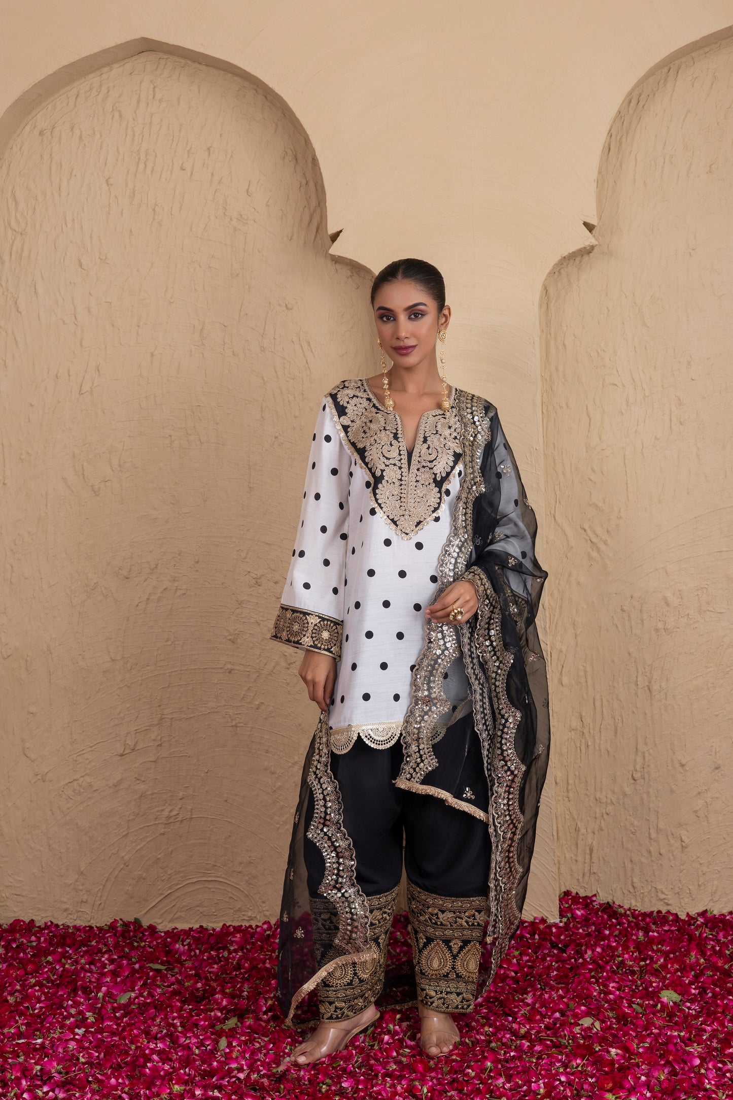 BLACK POLKA DOT FARSHI SALWAR SUIT SET