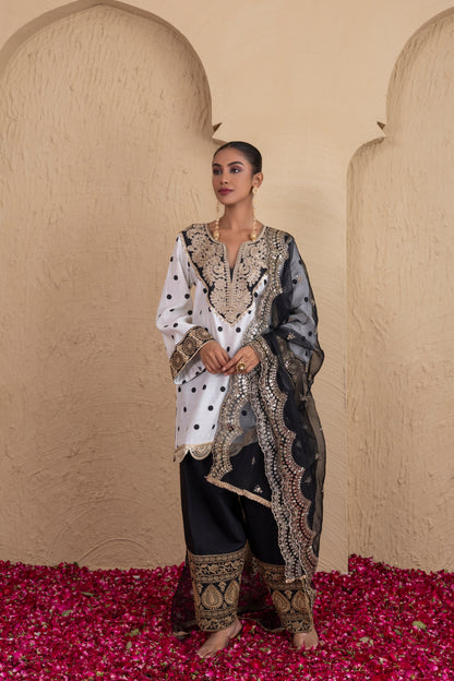BLACK POLKA DOT FARSHI SALWAR SUIT SET