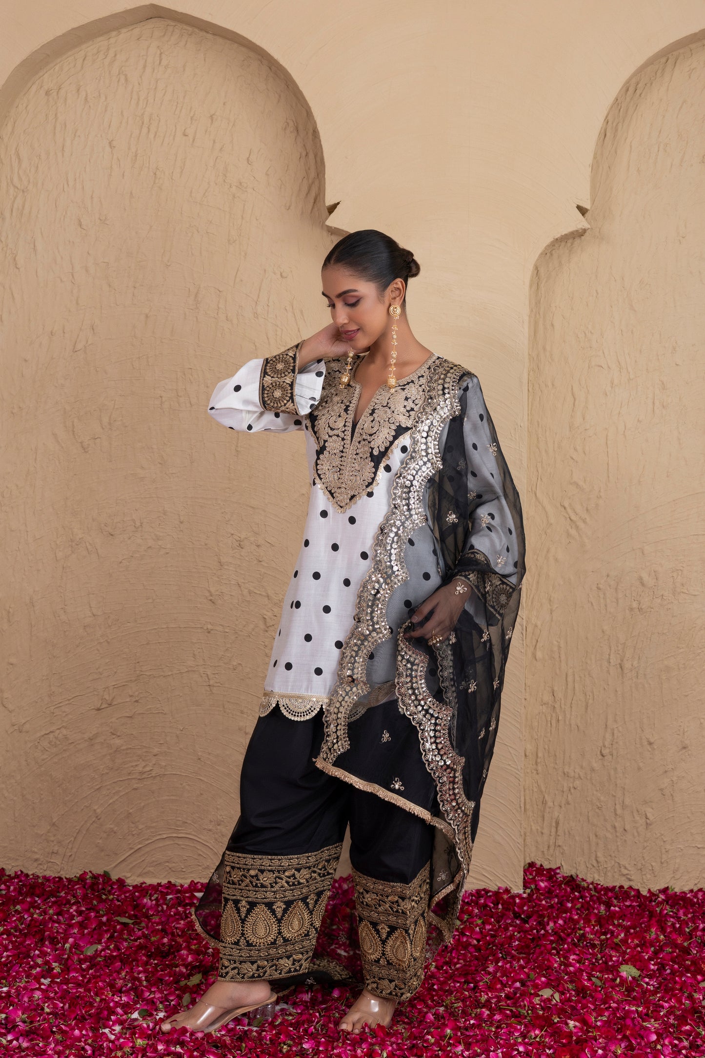 BLACK POLKA DOT FARSHI SALWAR SUIT SET