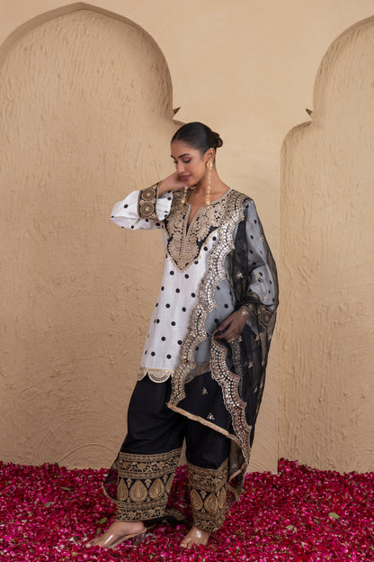 BLACK POLKA DOT FARSHI SALWAR SUIT SET