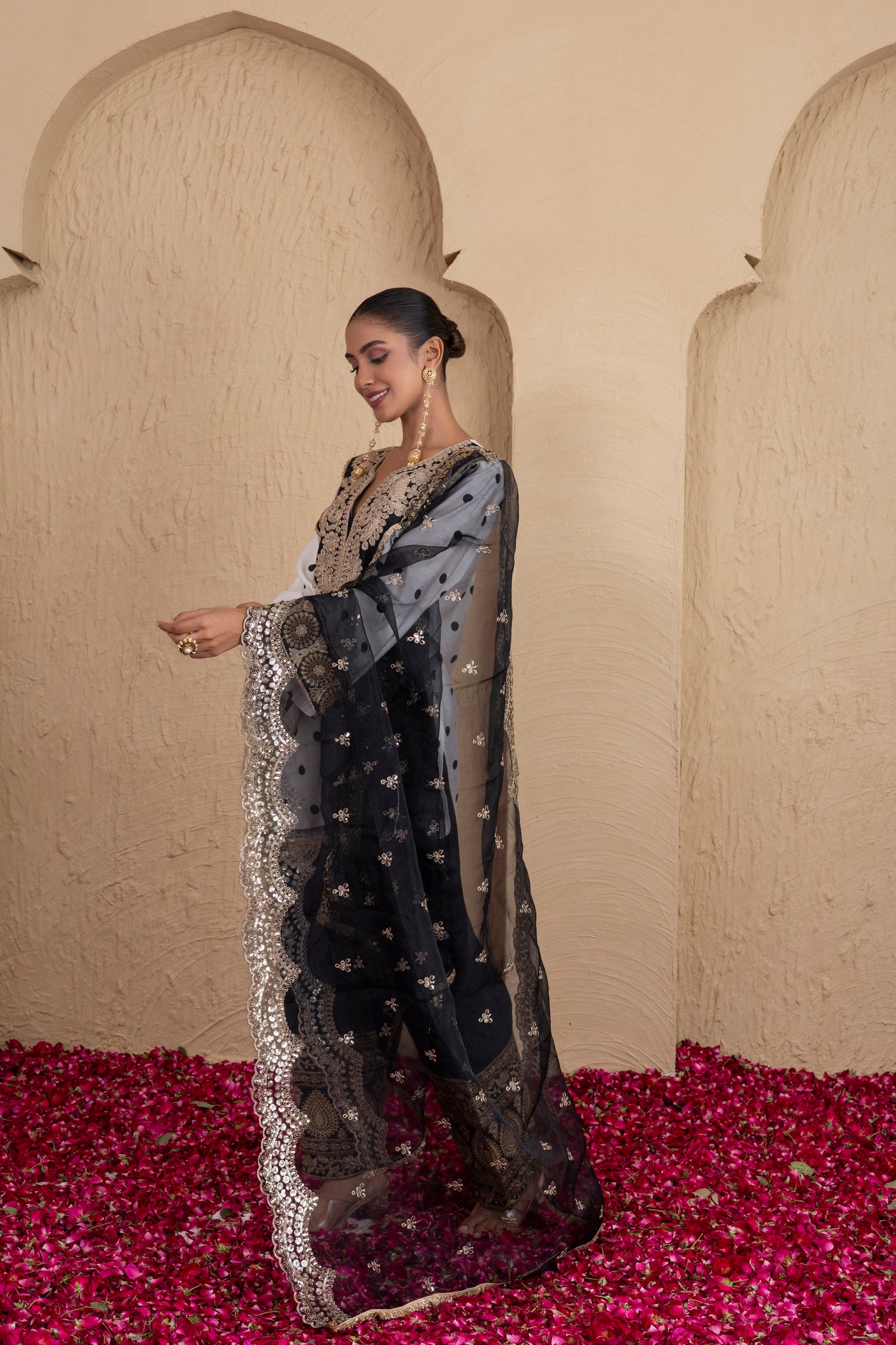 BLACK POLKA DOT FARSHI SALWAR SUIT SET