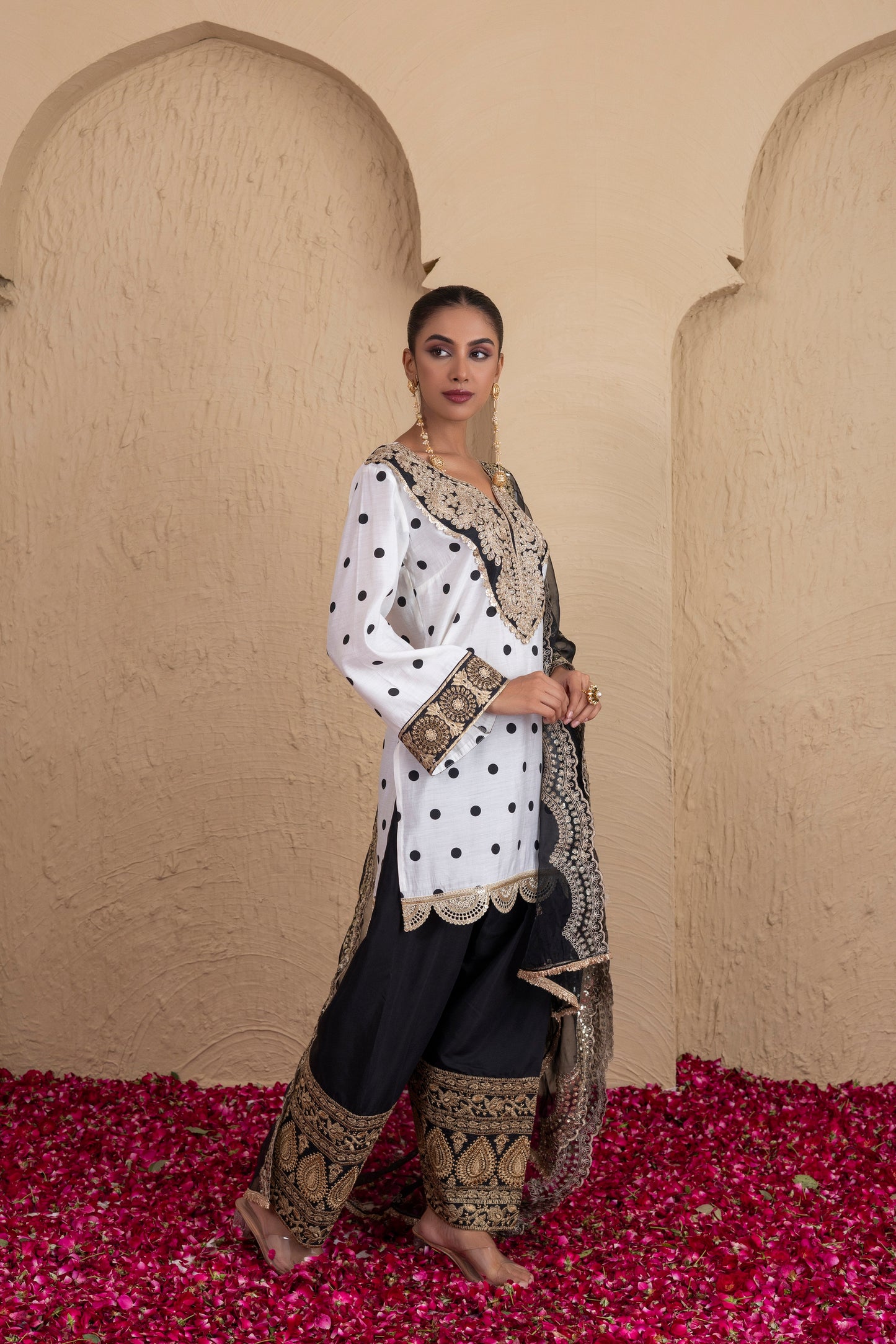 BLACK POLKA DOT FARSHI SALWAR SUIT SET