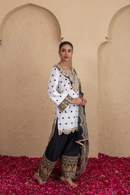 BLACK POLKA DOT FARSHI SALWAR SUIT SET