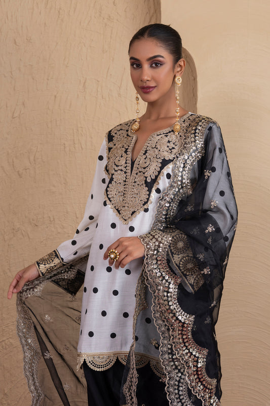 BLACK POLKA DOT FARSHI SALWAR SUIT SET