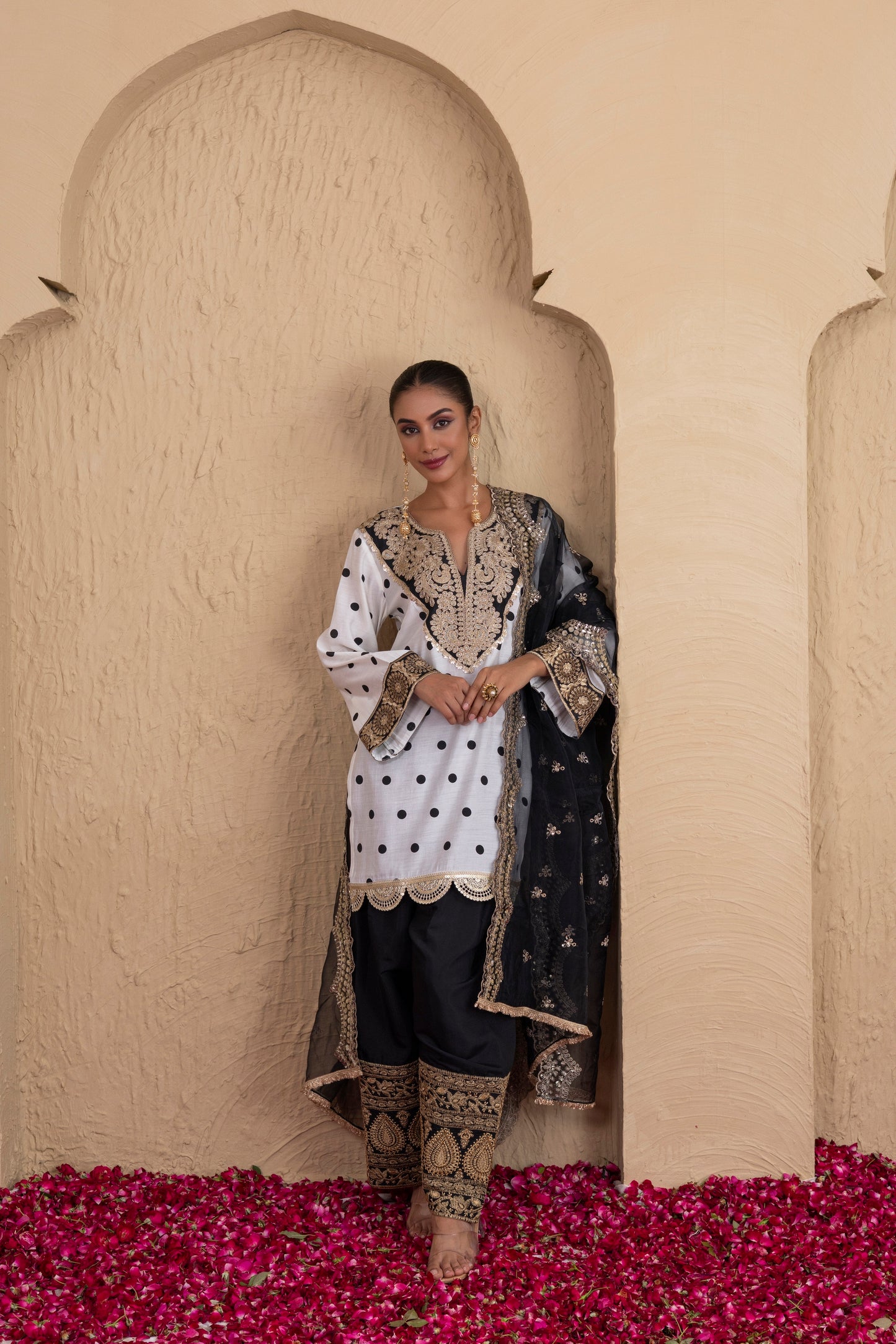 BLACK POLKA DOT FARSHI SALWAR SUIT SET