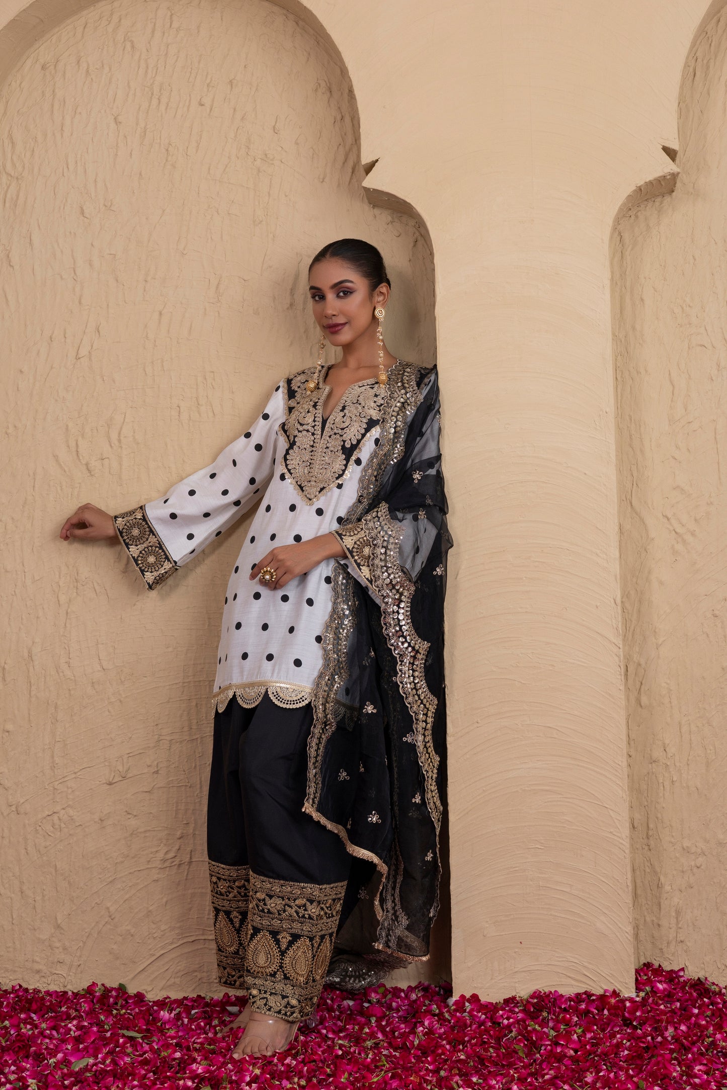 BLACK POLKA DOT FARSHI SALWAR SUIT SET