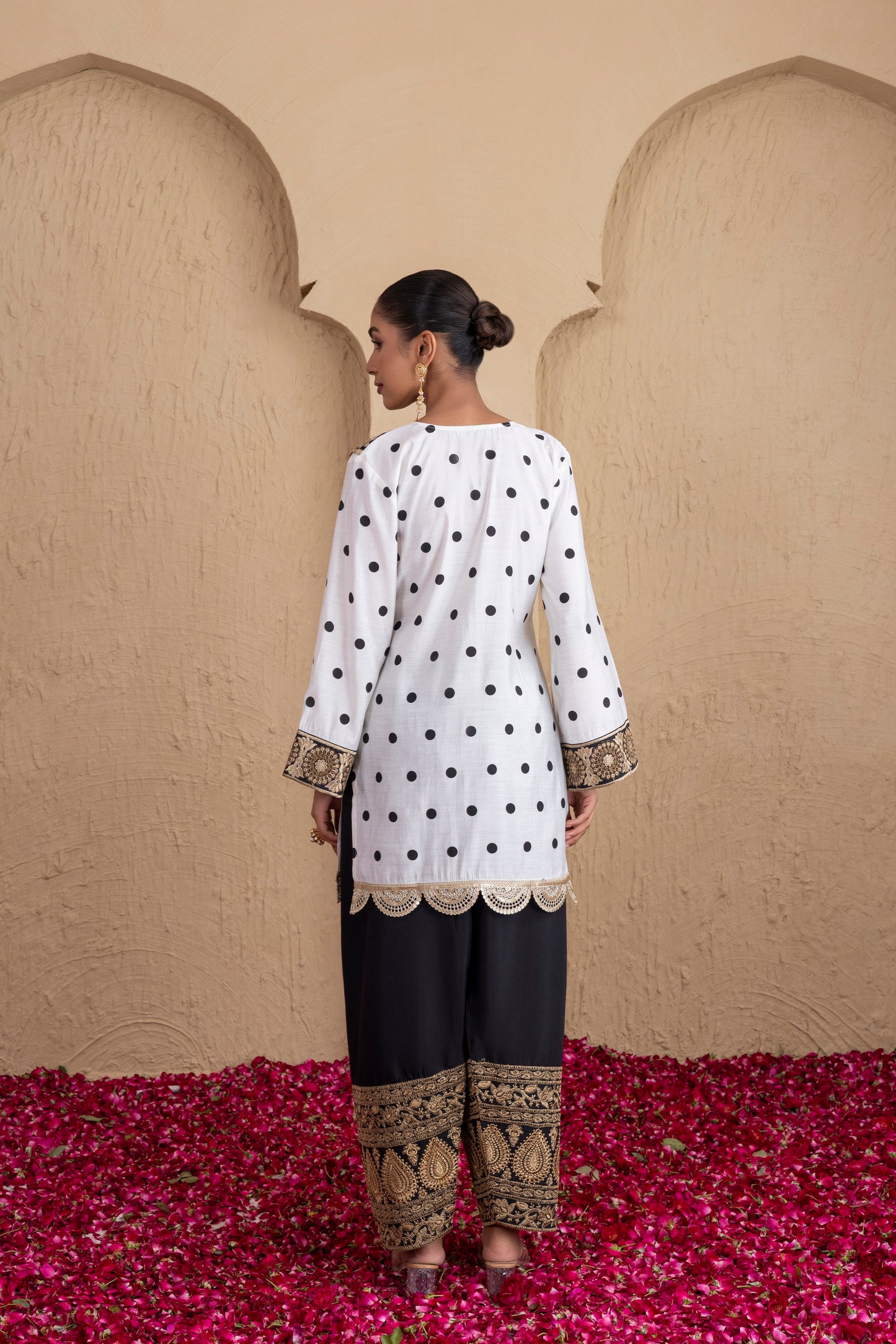 BLACK POLKA DOT FARSHI SALWAR SUIT SET