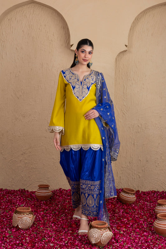 LIME BLUE GOLD EMBROIDERED SALWAR SUIT SET