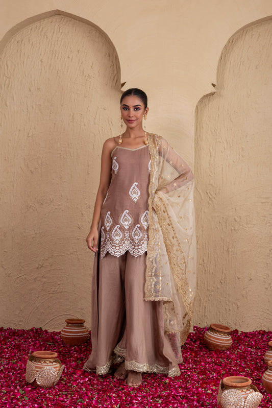 Almond Gold and White Embroidered Suit Set