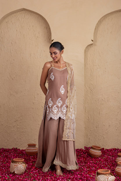 Almond Gold and White Embroidered Suit Set