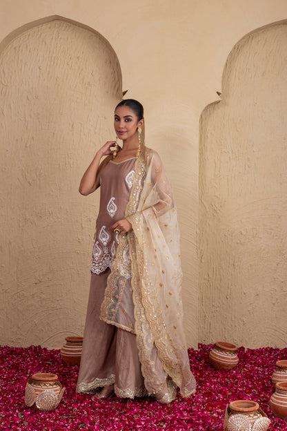 Almond Gold and White Embroidered Suit Set