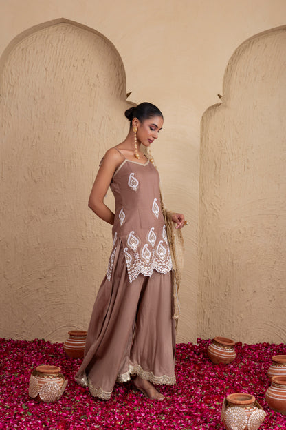 Almond Gold and White Embroidered Suit Set