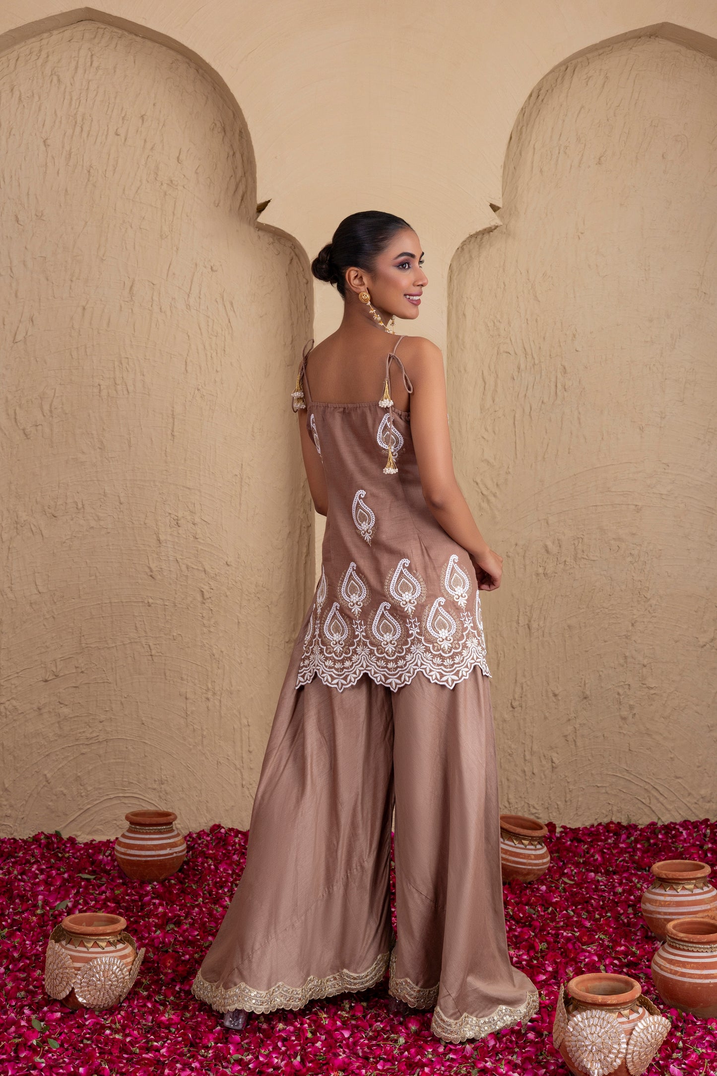 Almond Gold and White Embroidered Suit Set