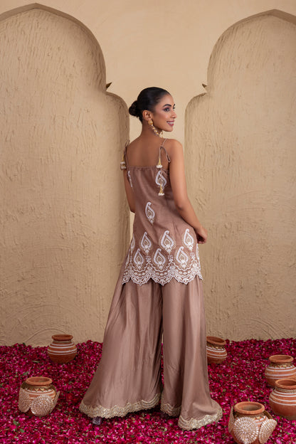 Almond Gold and White Embroidered Suit Set