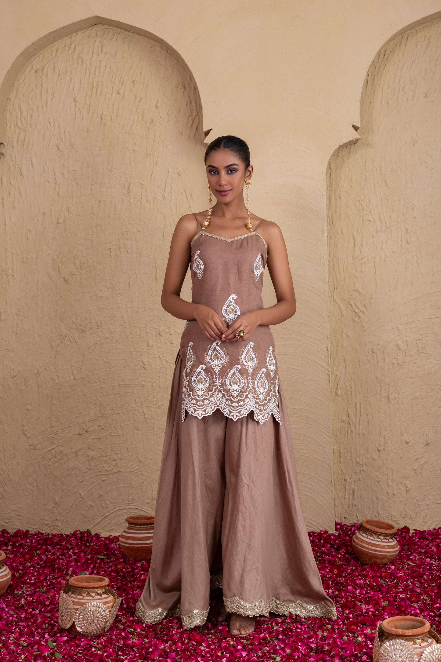Almond Gold and White Embroidered Suit Set