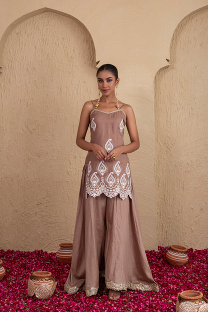 Almond Gold and White Embroidered Suit Set