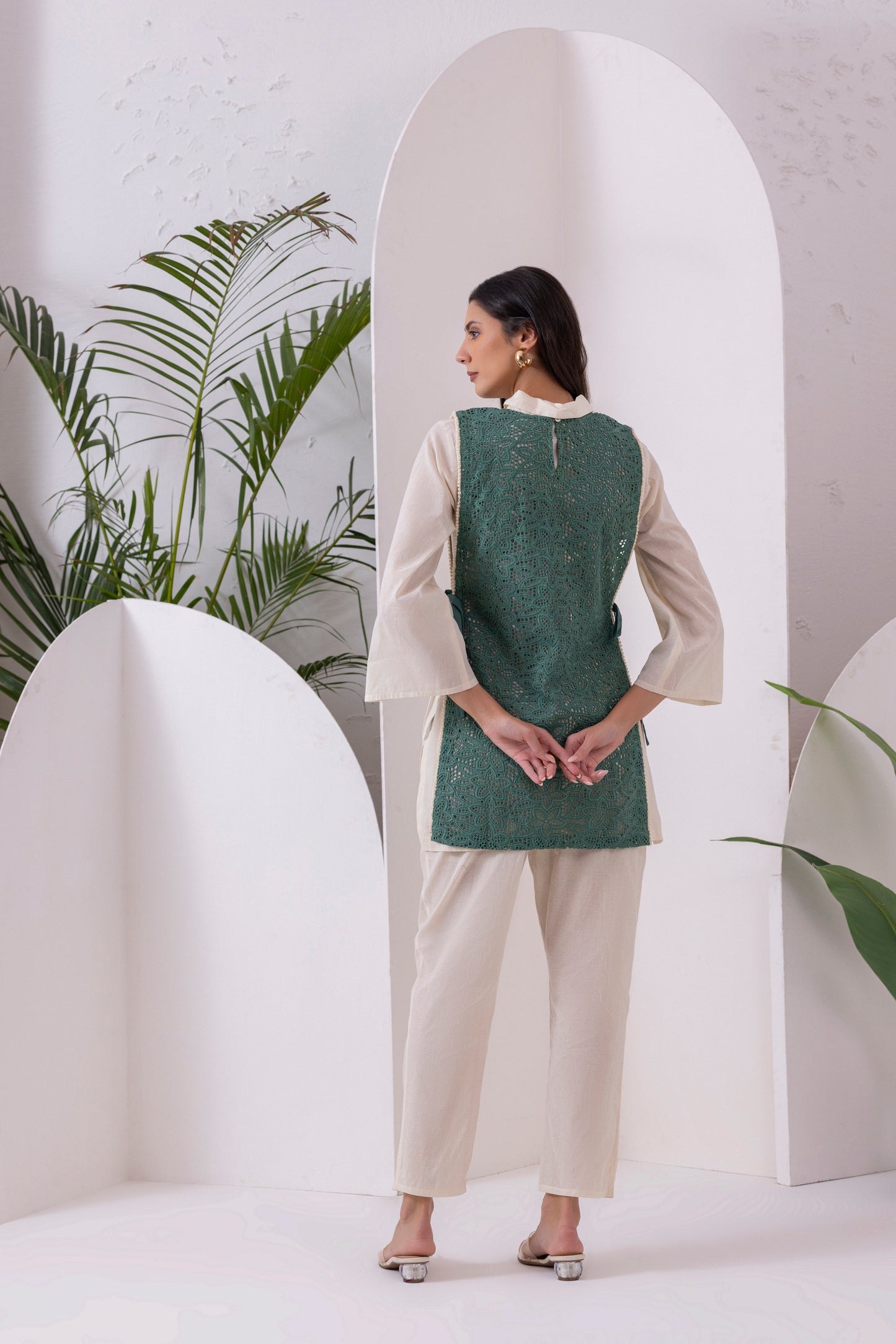 Cream And Green Embroidered Jacket Set