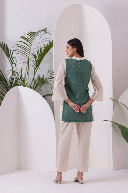 Cream And Green Embroidered Jacket Set