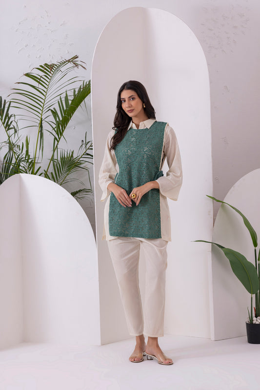 Cream And Green Embroidered Jacket Set