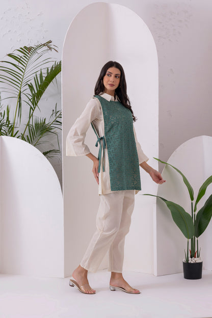 Cream And Green Embroidered Jacket Set