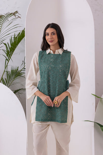 Cream And Green Embroidered Jacket Set