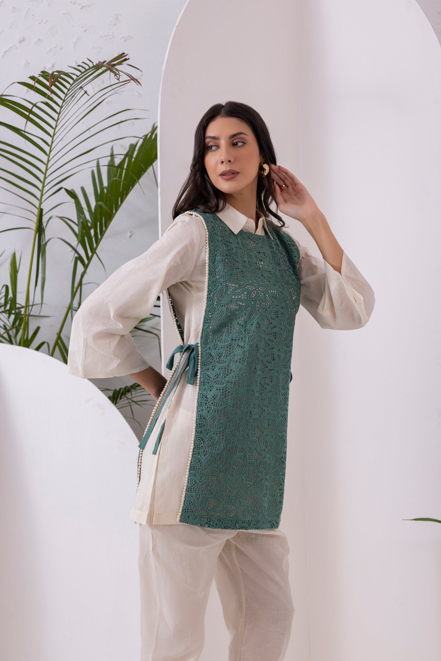 Cream And Green Embroidered Jacket Set
