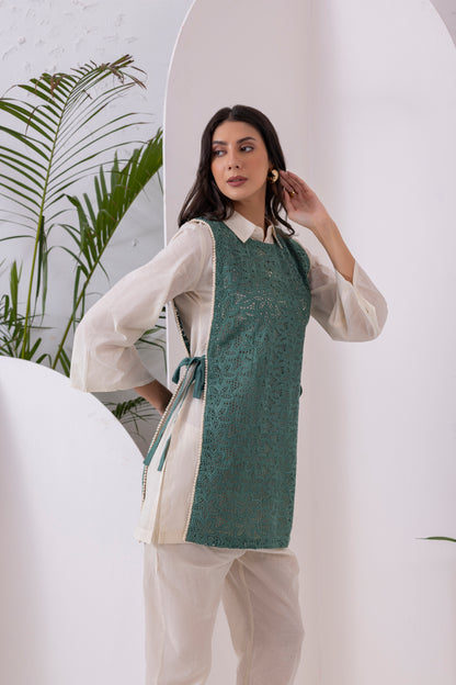 Cream And Green Embroidered Jacket Set