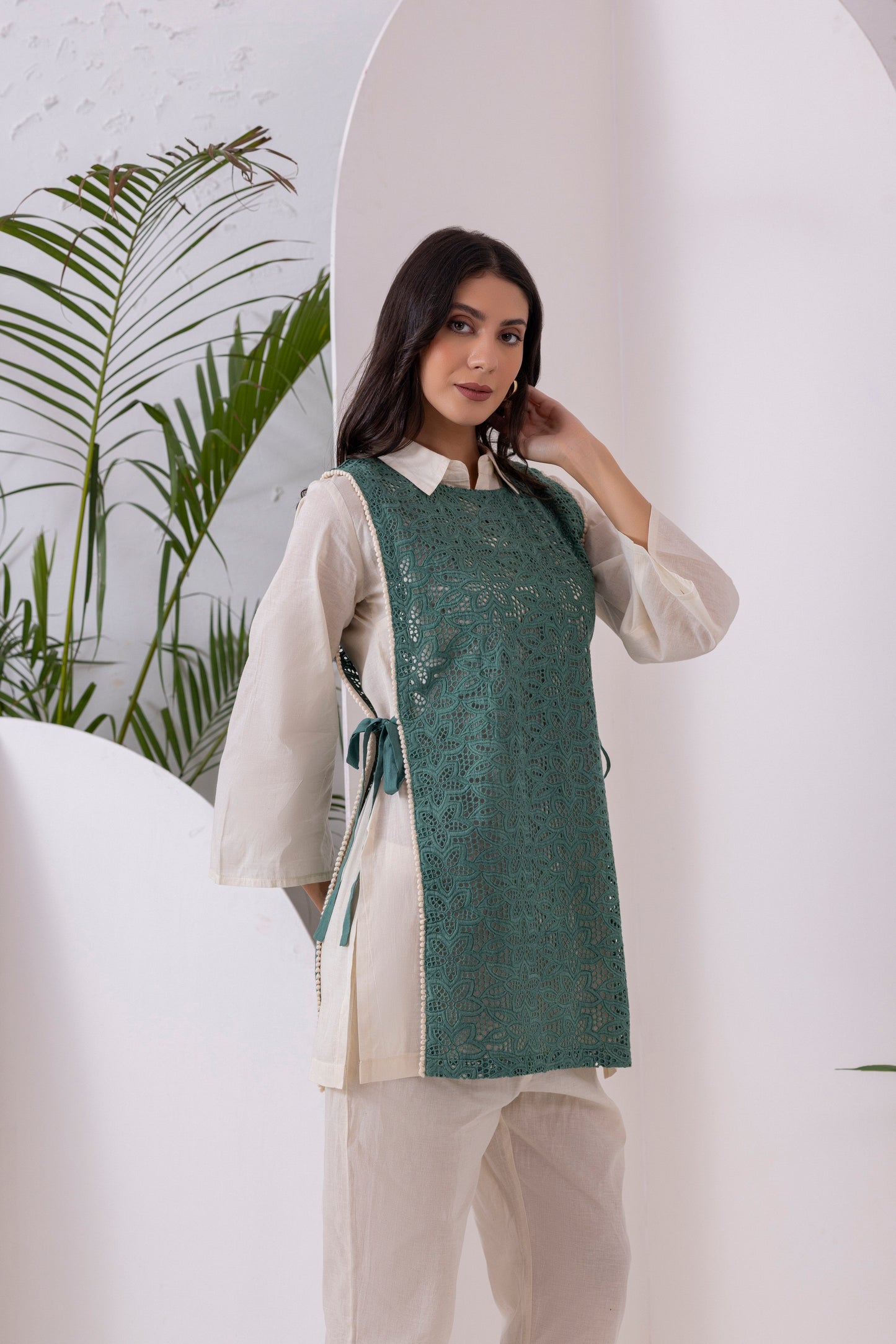 Cream And Green Embroidered Jacket Set