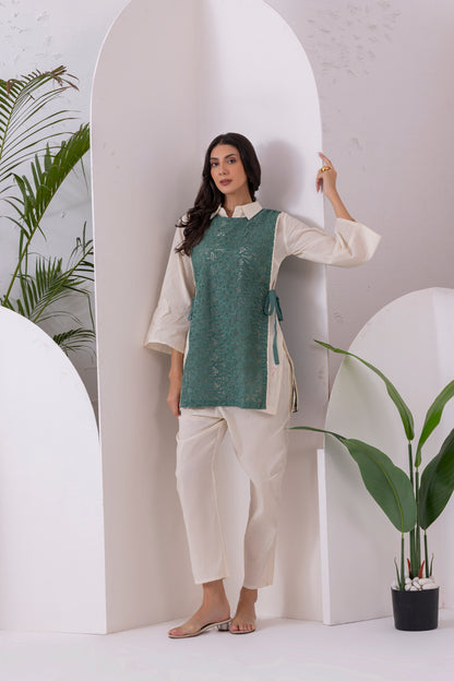 Cream And Green Embroidered Jacket Set