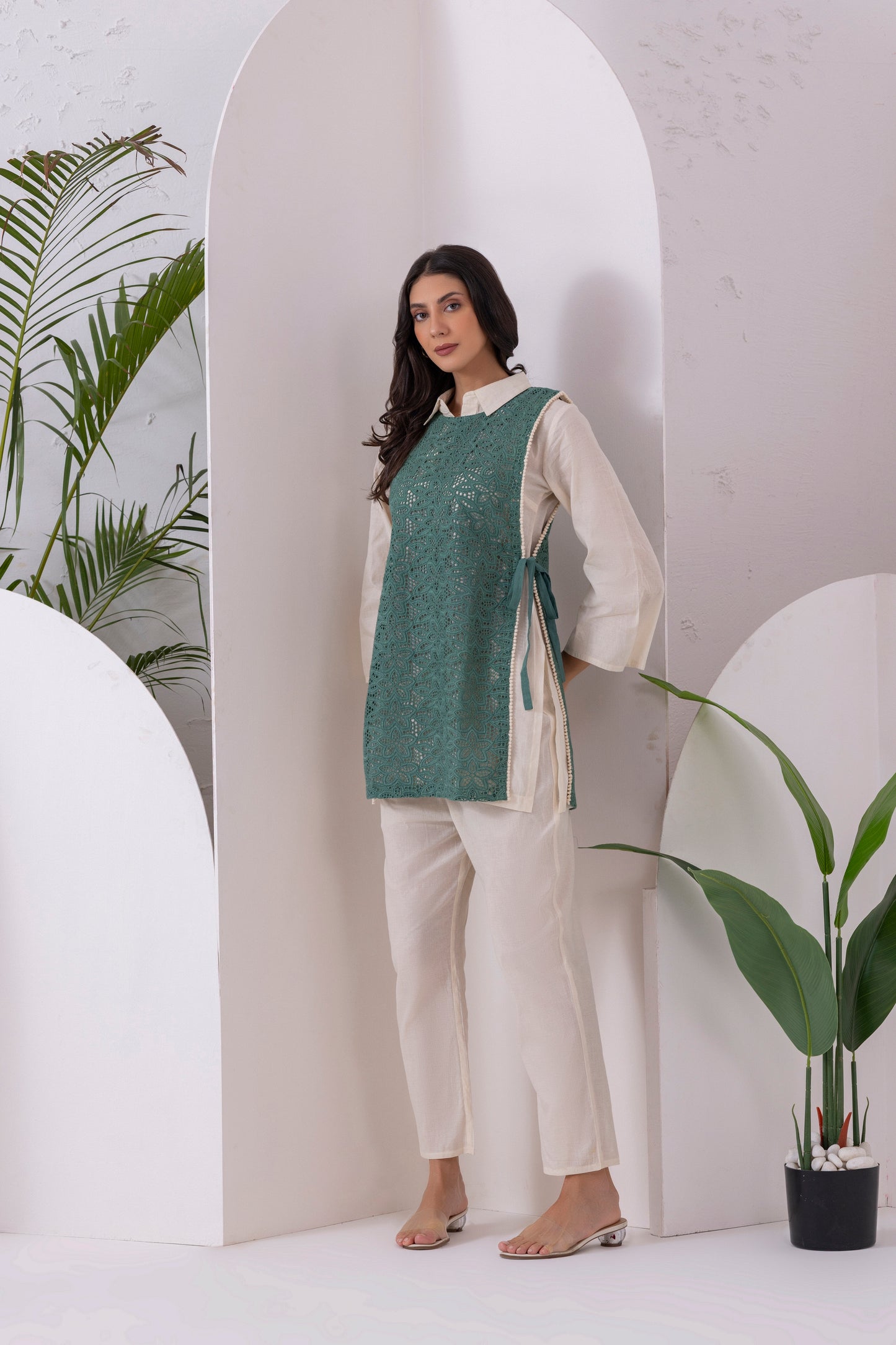 Cream And Green Embroidered Jacket Set