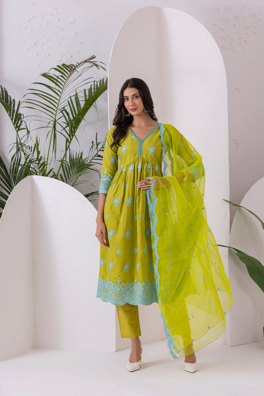 LIME AND BLUE EMBROIDERED SUIT SET
