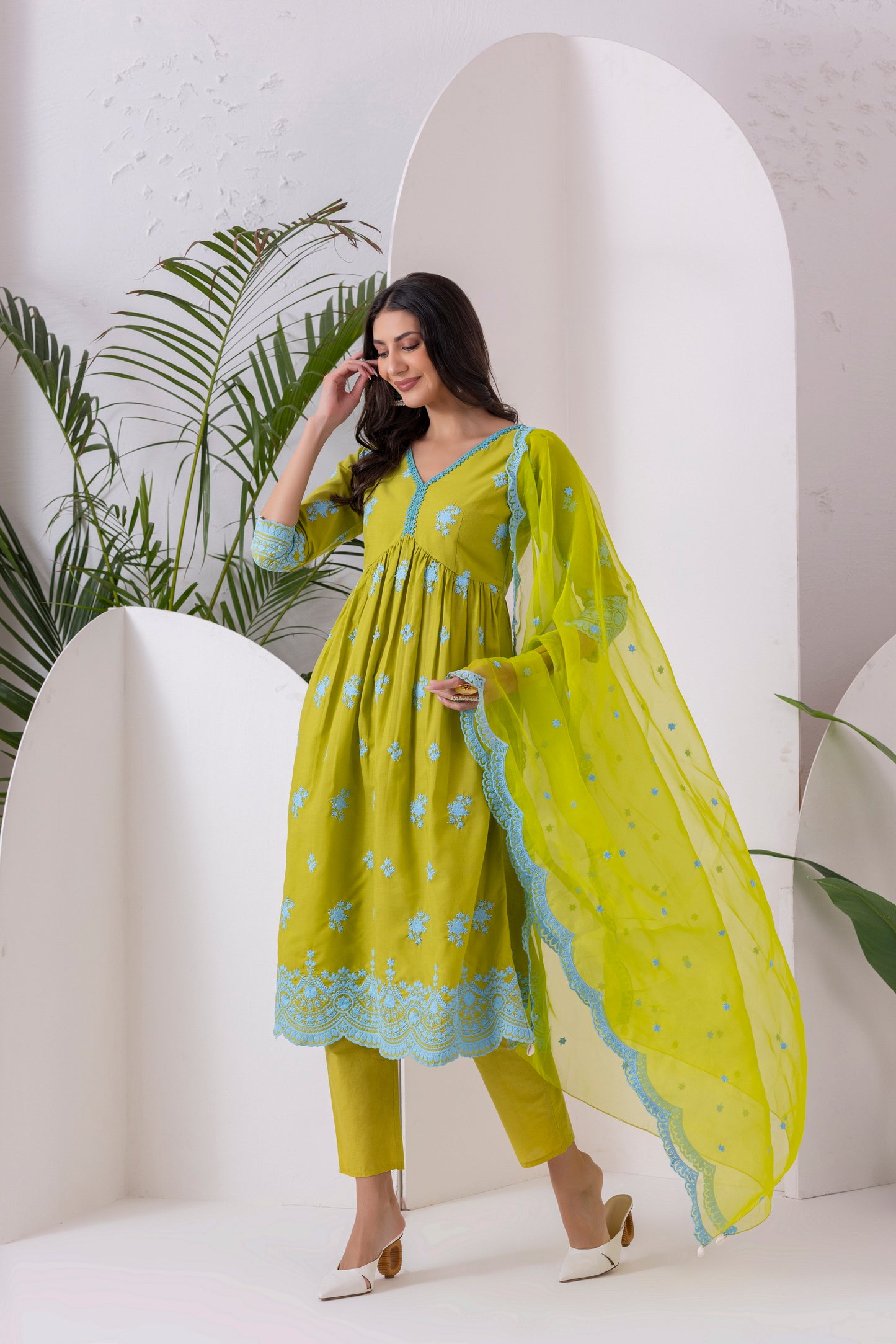 LIME AND BLUE EMBROIDERED SUIT SET