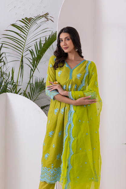 LIME AND BLUE EMBROIDERED SUIT SET