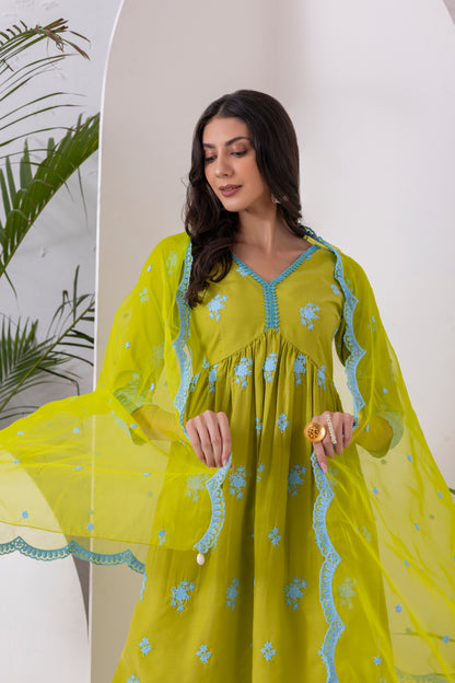 LIME AND BLUE EMBROIDERED SUIT SET