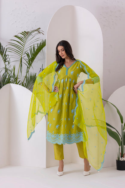 LIME AND BLUE EMBROIDERED SUIT SET