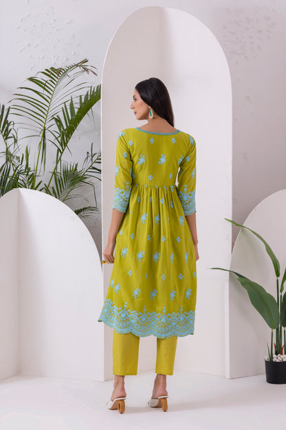 LIME AND BLUE EMBROIDERED SUIT SET
