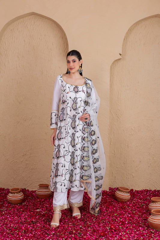 WHITE AND BLACK MULTICOLORED EMBROIDERED SUIT SET