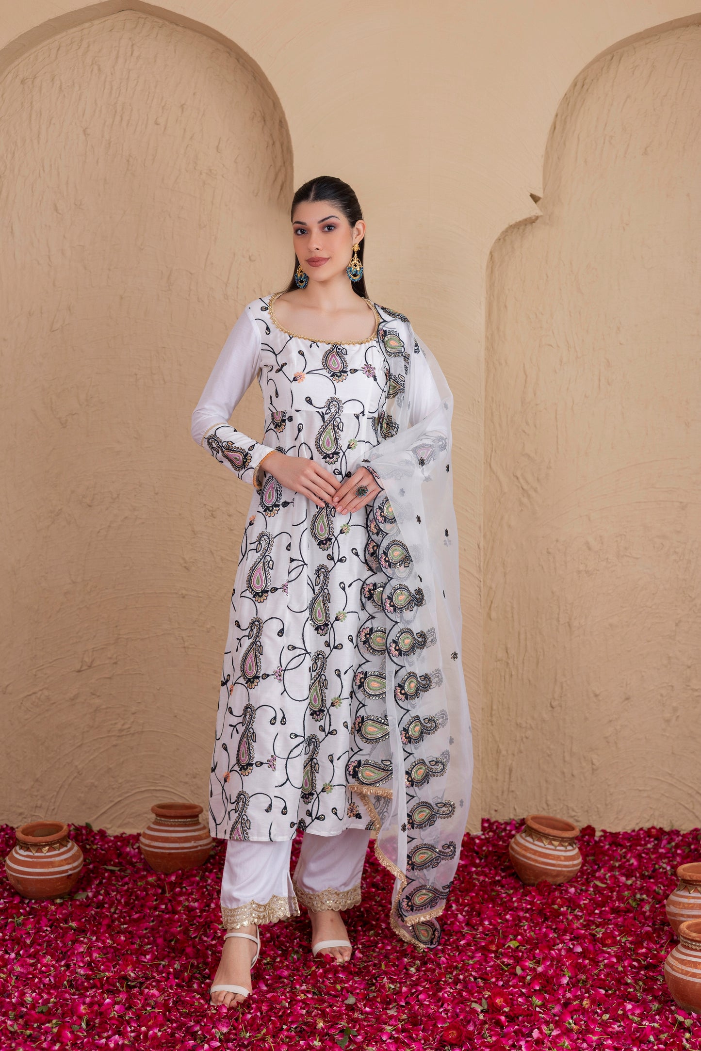 WHITE AND BLACK MULTICOLORED EMBROIDERED SUIT SET