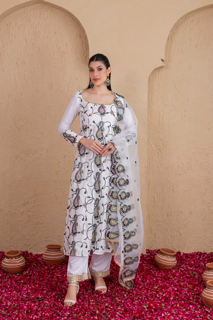 WHITE AND BLACK MULTICOLORED EMBROIDERED SUIT SET