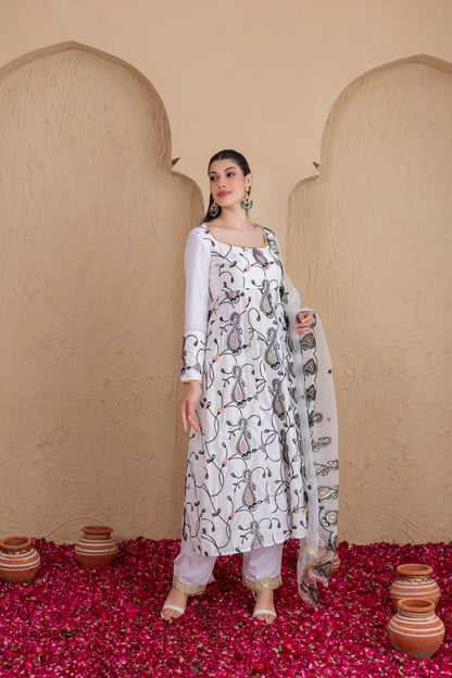 WHITE AND BLACK MULTICOLORED EMBROIDERED SUIT SET