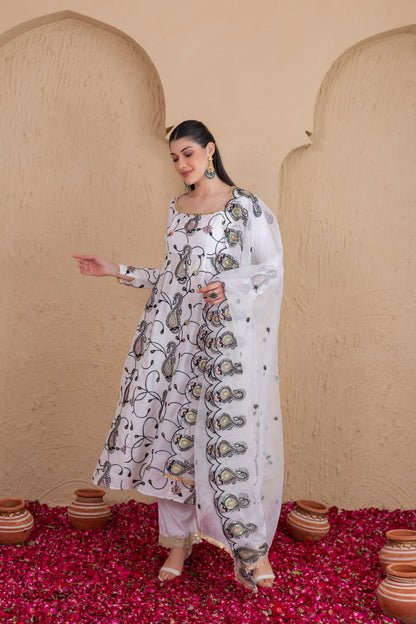 WHITE AND BLACK MULTICOLORED EMBROIDERED SUIT SET